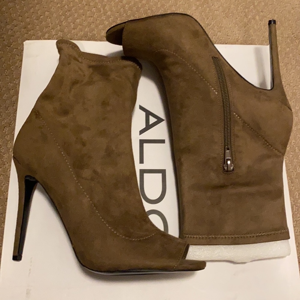 Brown open toe ankle boots